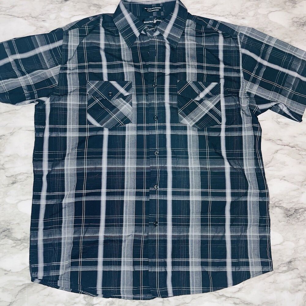 Beverly Hills Polo Club Plaid Shirt Men Size XL Black Gray Short Sleeve Rodeo
